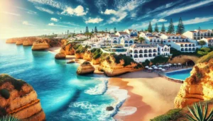Stunning coastal view of the Algarve, Portugal, showcasing luxurious beachfront properties and the beautiful landscape ideal for property investment.