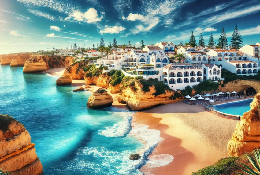 Stunning coastal view of the Algarve, Portugal, showcasing luxurious beachfront properties and the beautiful landscape ideal for property investment.